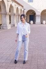  Long Sleeve Stripe Print Button Down Top Light Blue