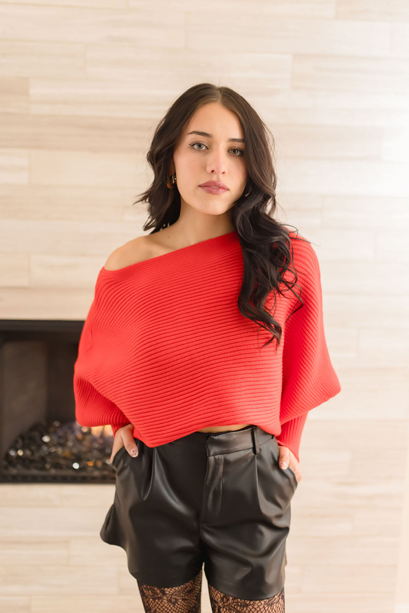 Long Dolman Sleeve Ribbed Sweater Top Red