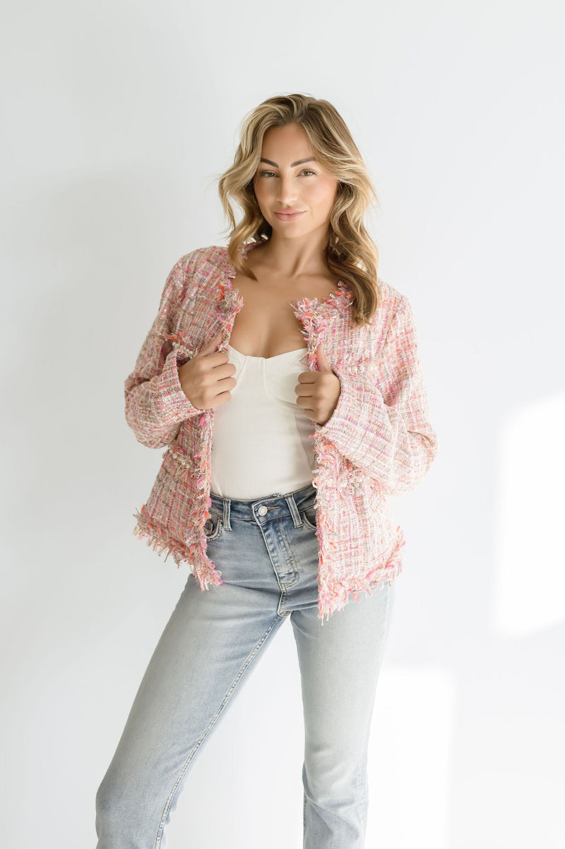 Long Sleeve Tweed Jacket Pink