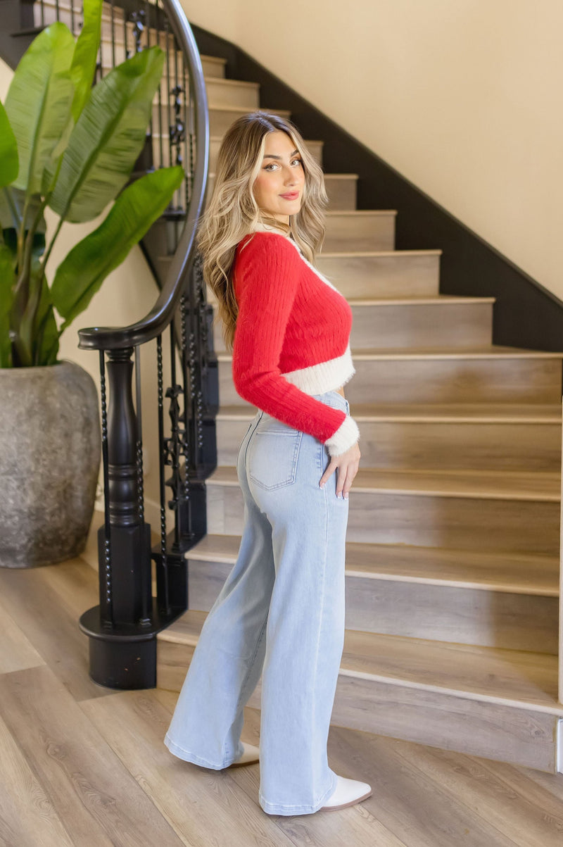 Long Sleeve Button Down Cropped Sweater Top Red