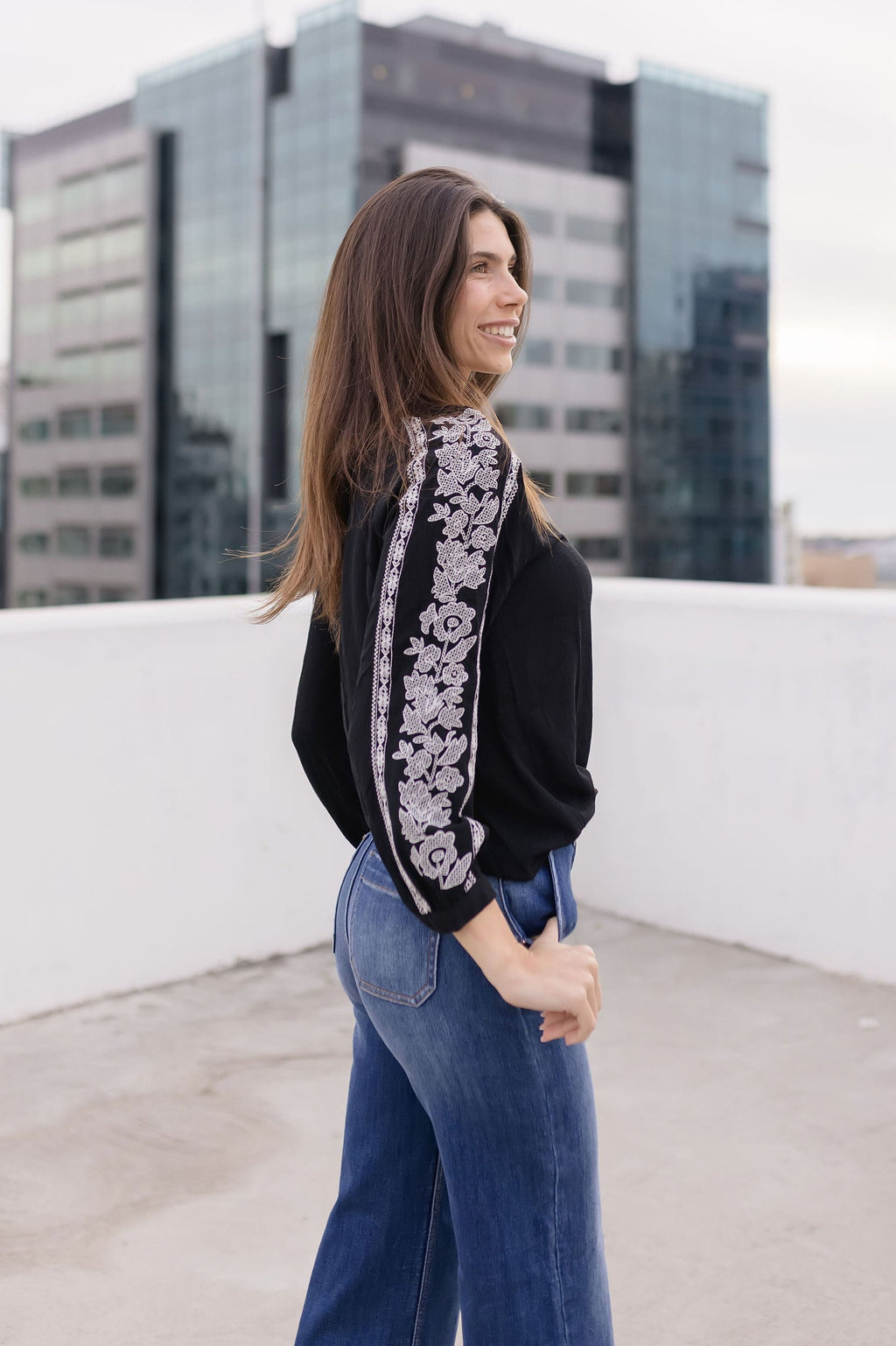 Embroidered Long Sleeve Top Black