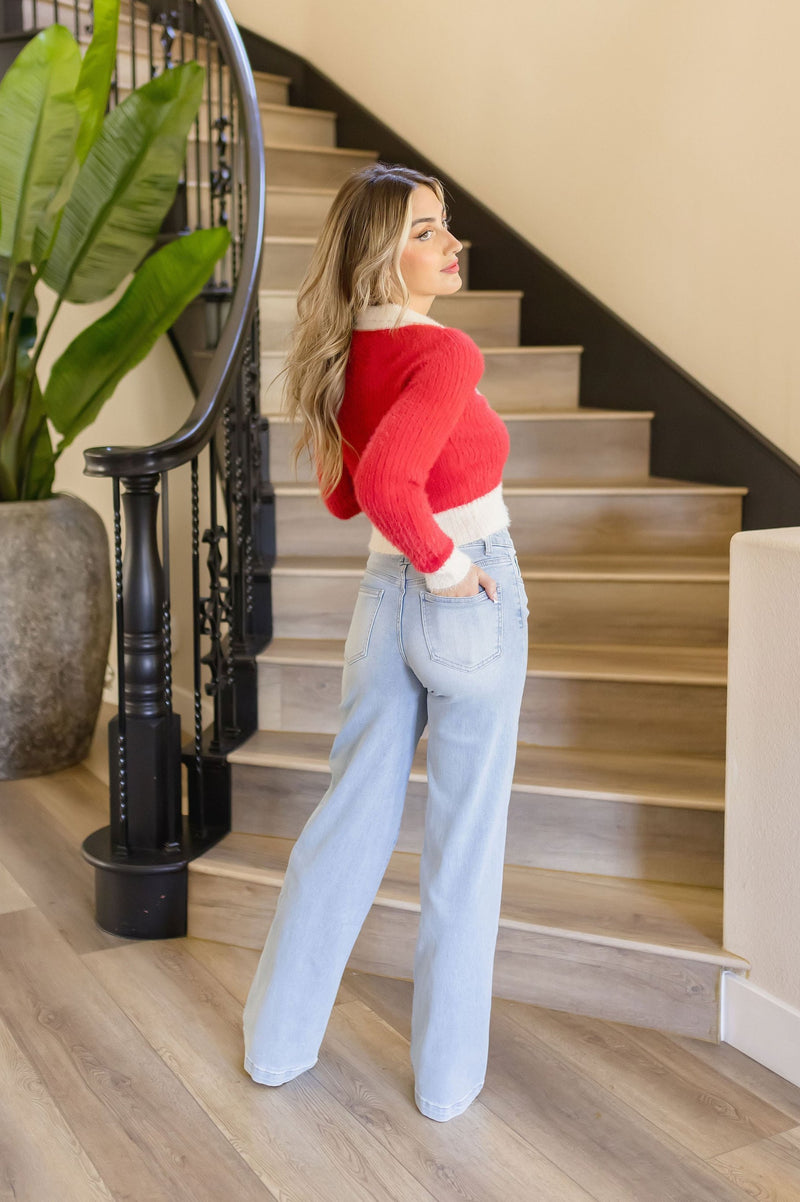 Long Sleeve Button Down Cropped Sweater Top Red