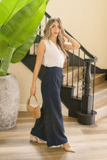 Sutton High Waist Stripe Print Wide Leg Pants Navy