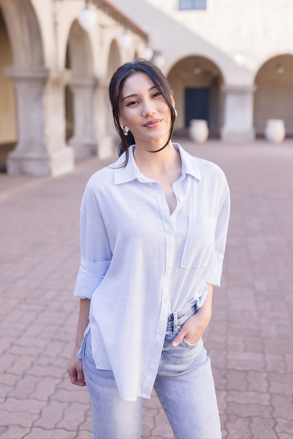  Long Sleeve Stripe Print Button Down Top Light Blue