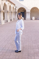  Long Sleeve Stripe Print Button Down Top Light Blue