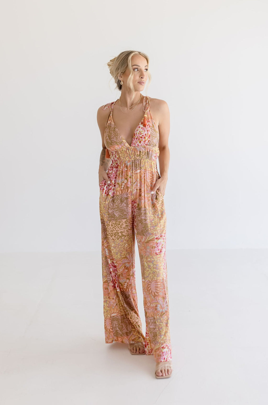 Sleeveless Cut Out Abstract Print Wide Leg Jumpsuit Taupe