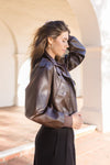 Vegan Leather Cropped Bomber Jacket Brown