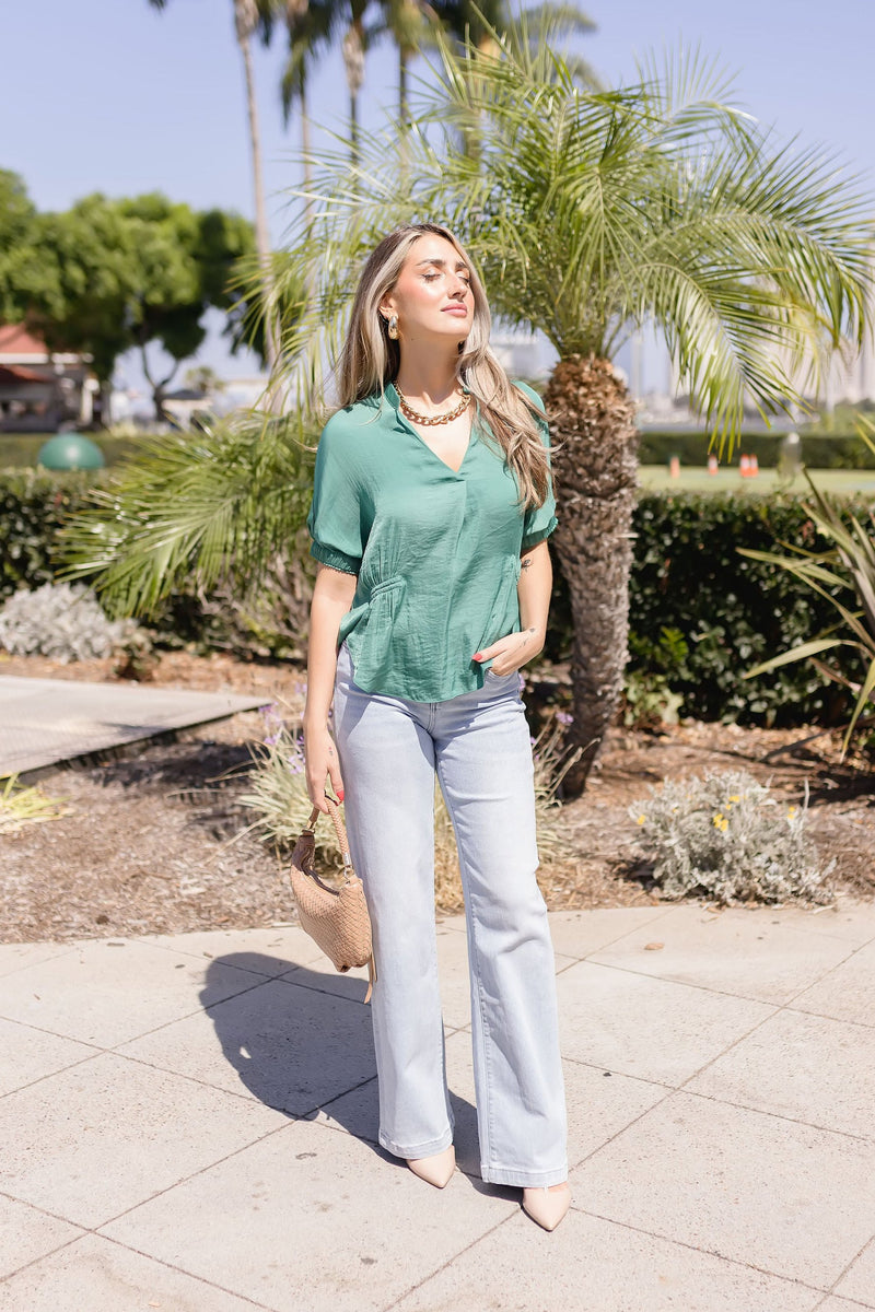 Short Sleeve Satin Top Green