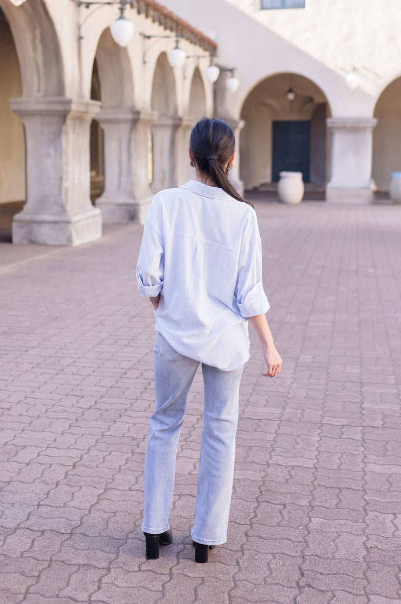  Long Sleeve Stripe Print Button Down Top Light Blue