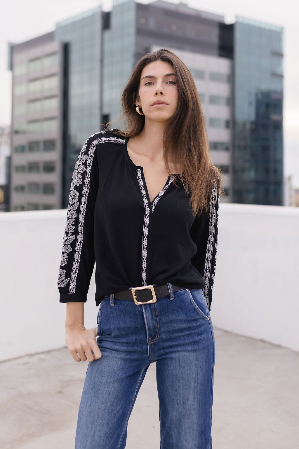 Embroidered Long Sleeve Top Black