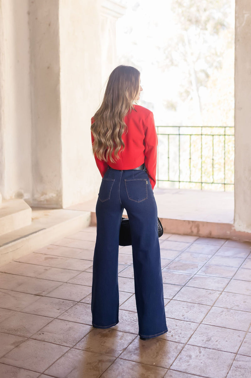  Long Sleeve Notched Lapel Crop Blazer Red