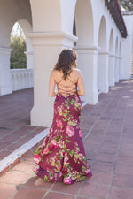 Sleeveless Back Tie Floral Print Maxi Dress Burgundy