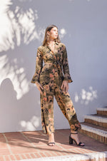 Long Sleeve Front Tie Floral Print Jumpsuit Olive