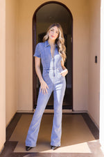 Short Sleeve Zip Up Flare Leg Denim Jumpsuit Medium Wash