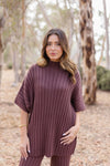 Short Sleeve Mock Neck Ribbed Sweater Top And Pants Set Brown