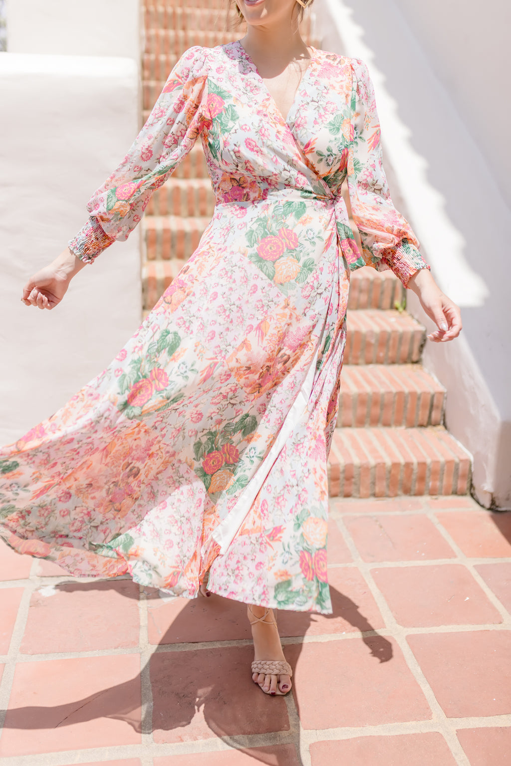 Long Sleeve Wrap Floral Print Midi Dress Blush
