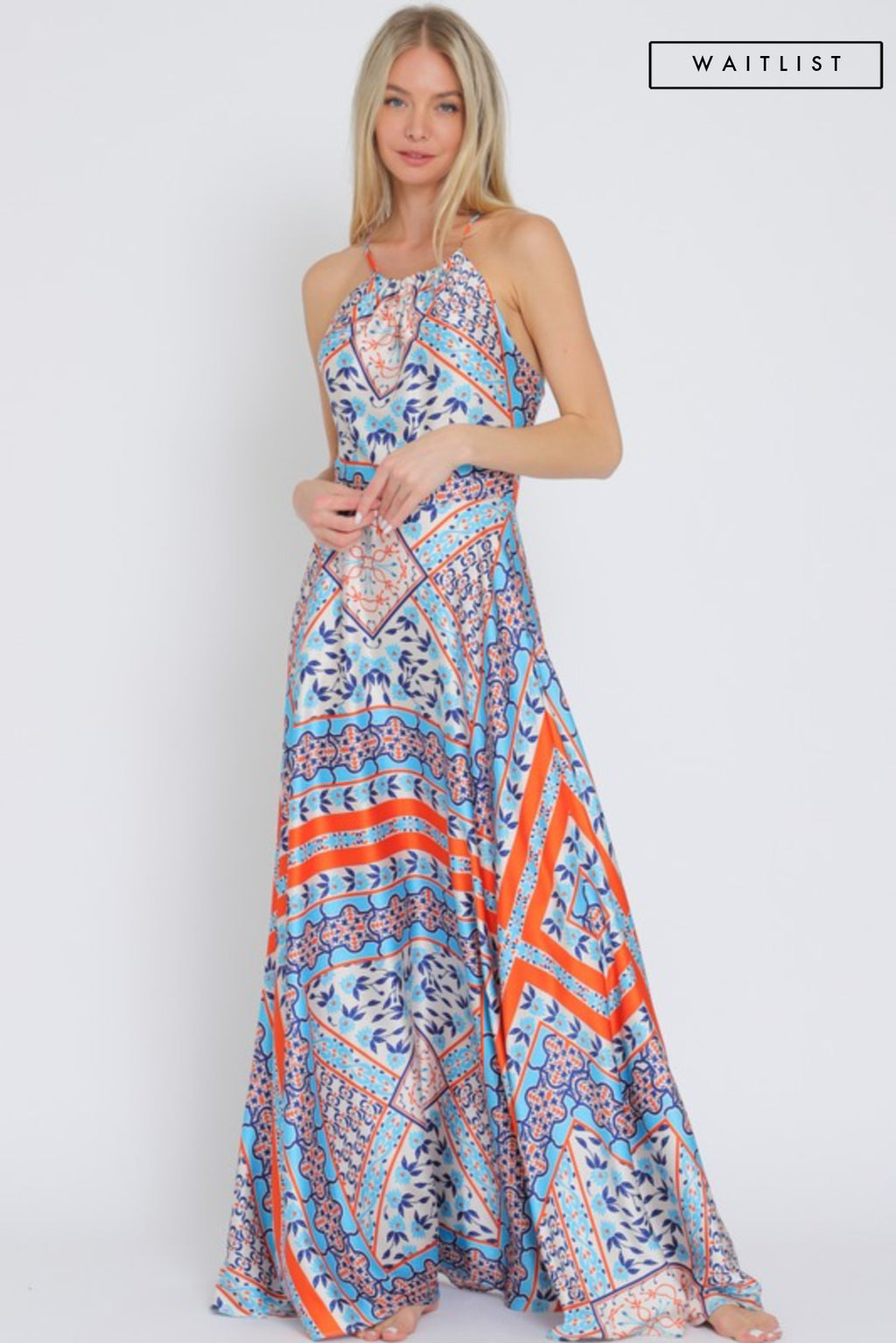 Sleeveless Halter Cross Back Abstract Print Maxi Dress Blue