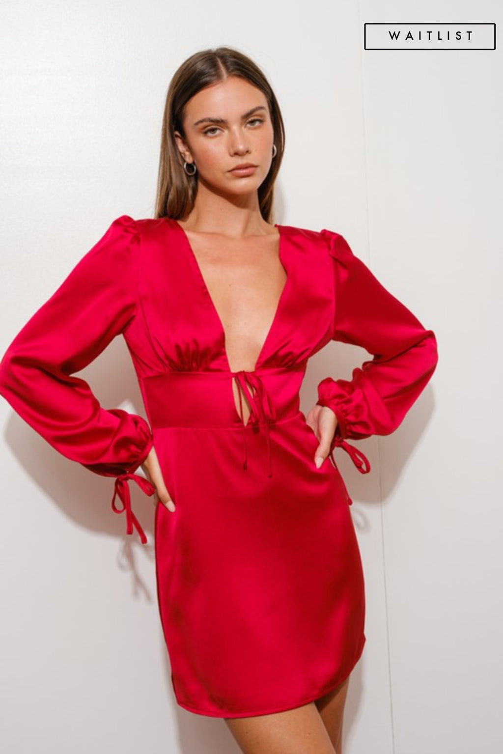 Long Sleeve Plunging Neckline Satin Mini Dress Red