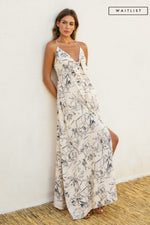 Sleeveless Back Tie Palm Print Linen Maxi Dress White