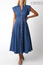 Waitlist 2/5 ♥ Torrance Short Sleeve Button Down Denim Midi Dress Dark Wash