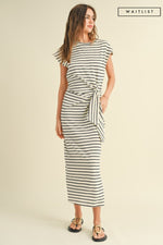  Short Sleeve Knot Stripe Print Midi Dress White