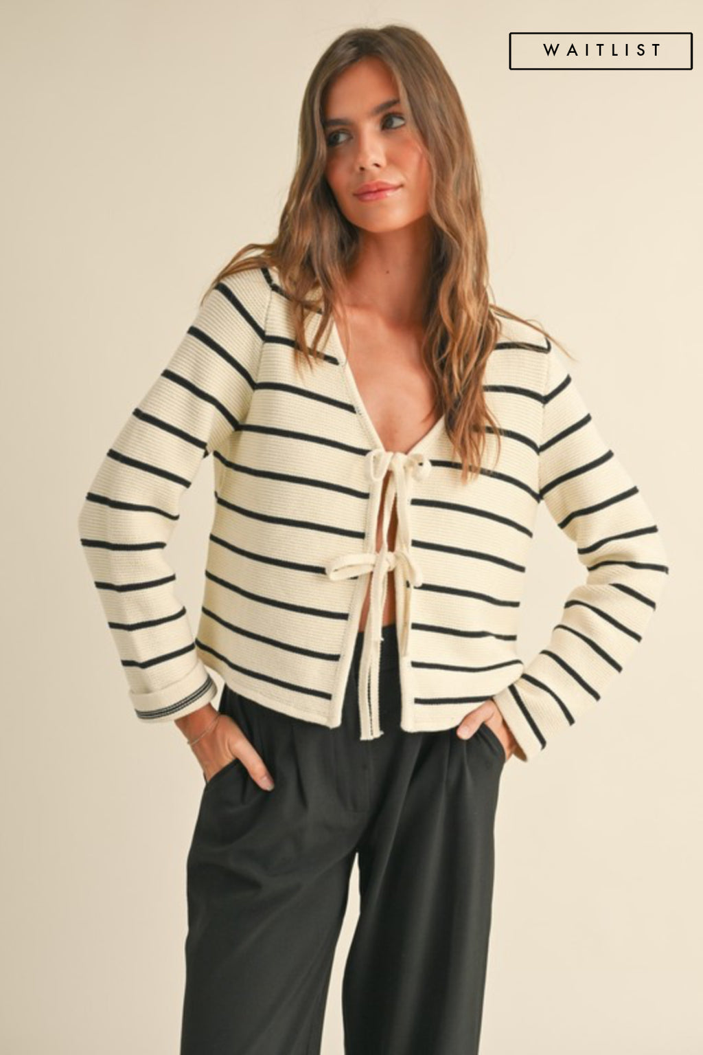 Long Sleeve Bow Tie Stripe Print Cardigan Sweater White