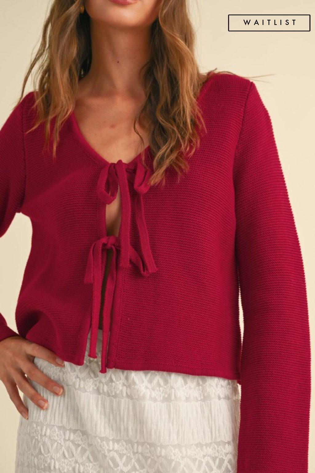 Long Sleeve Bow Tie Knit Cardigan Sweater Red