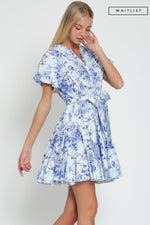 Short Bubble Sleeve Waist Tie Floral Print Mini Dress Blue