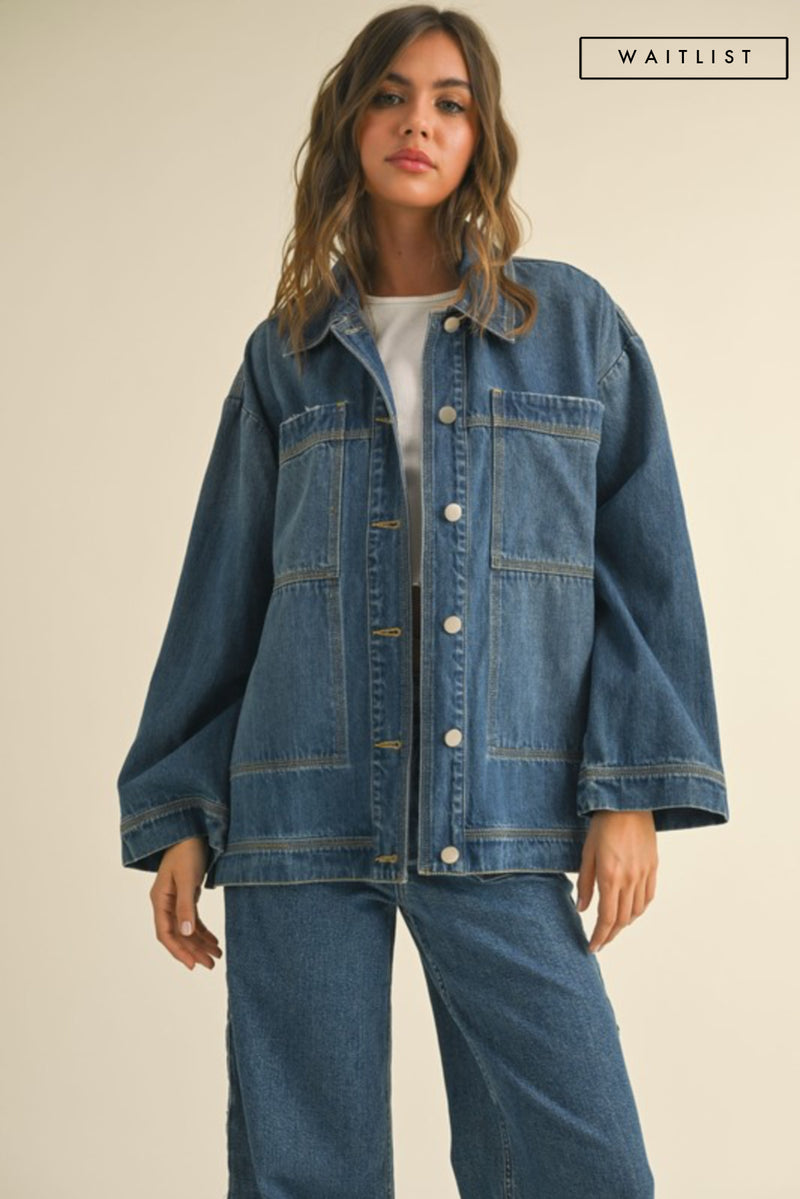  Long Sleeve Side Tie Oversized Denim Jacket Dark Wash