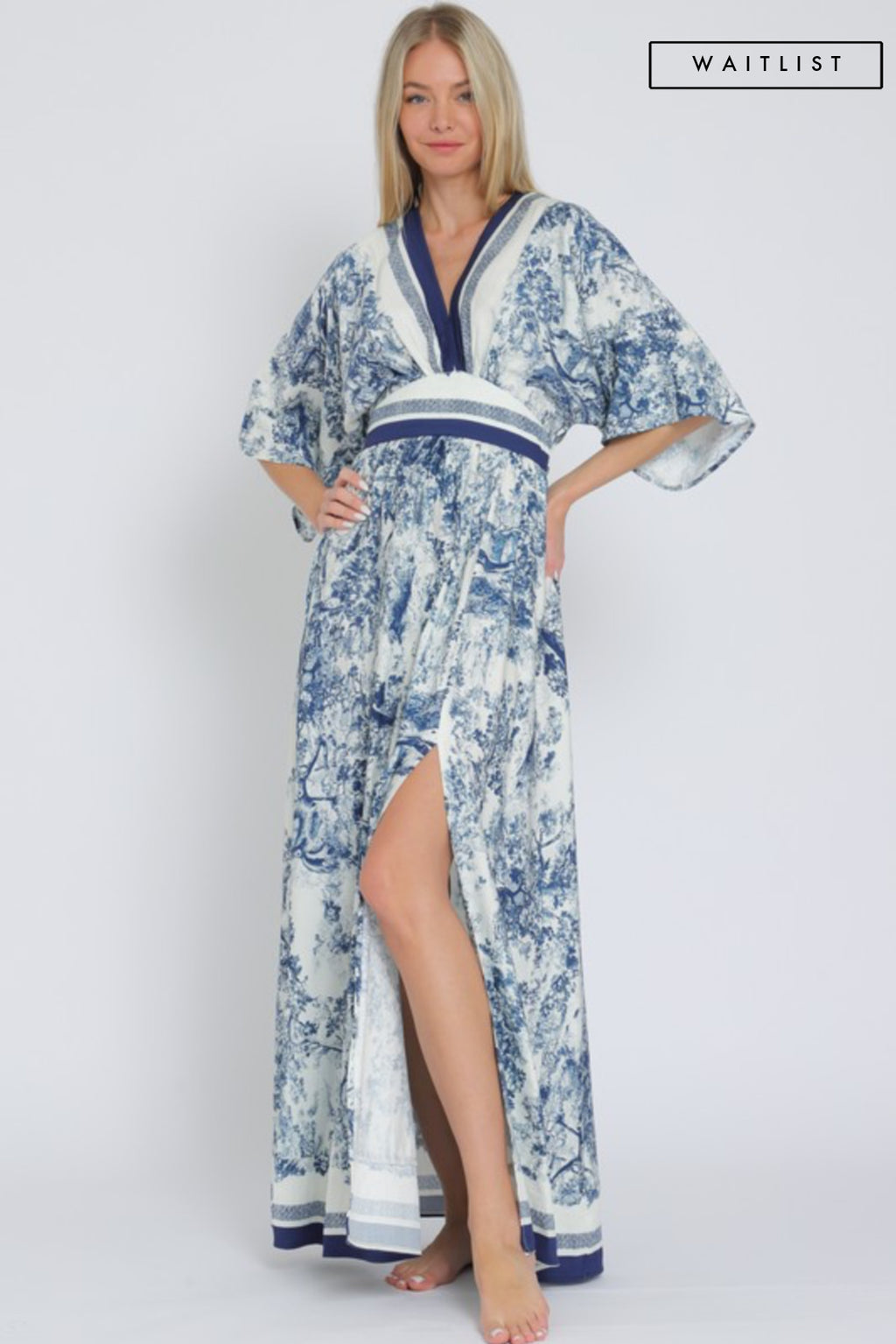 Kimono Sleeve Printed Maxi Dress Navy