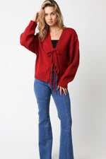 Long Sleeve Front Tie Cardigan Sweater Red