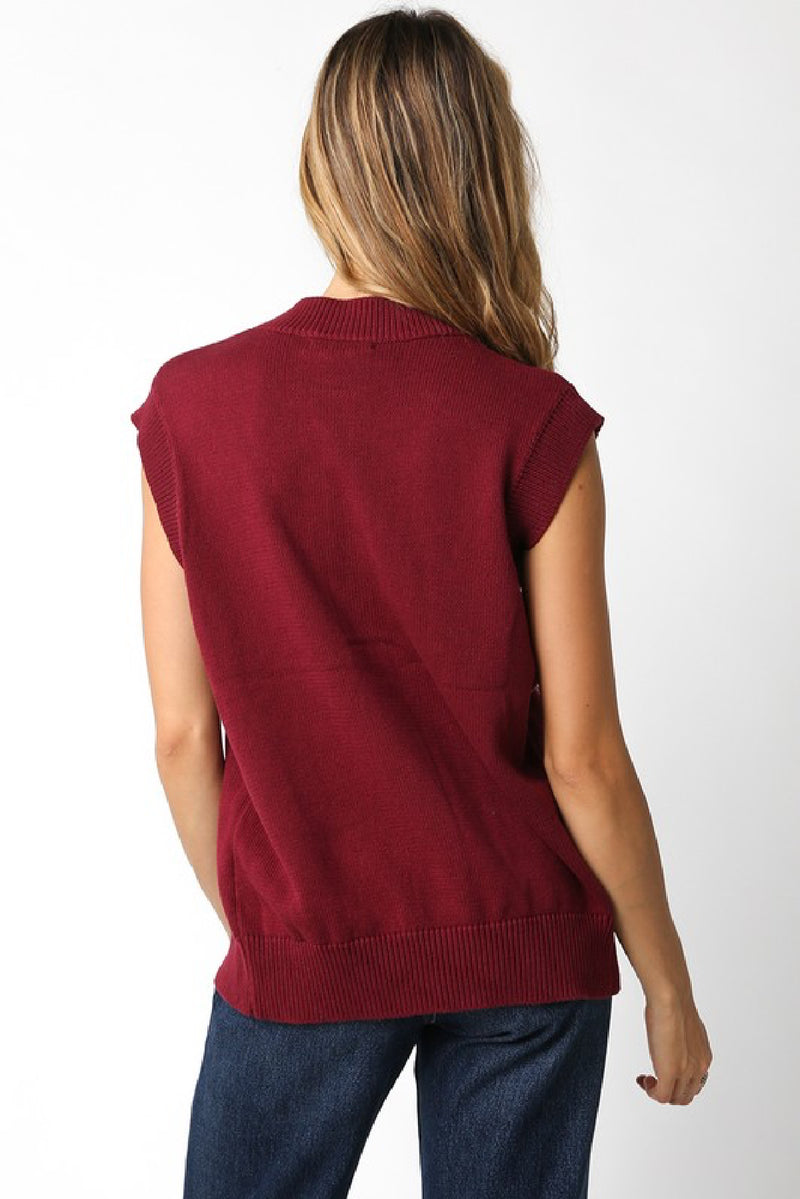 Sleeveless Button Down Sweater Vest Burgundy