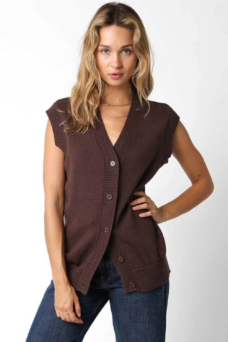 Sleeveless Button Down Sweater Vest Brown