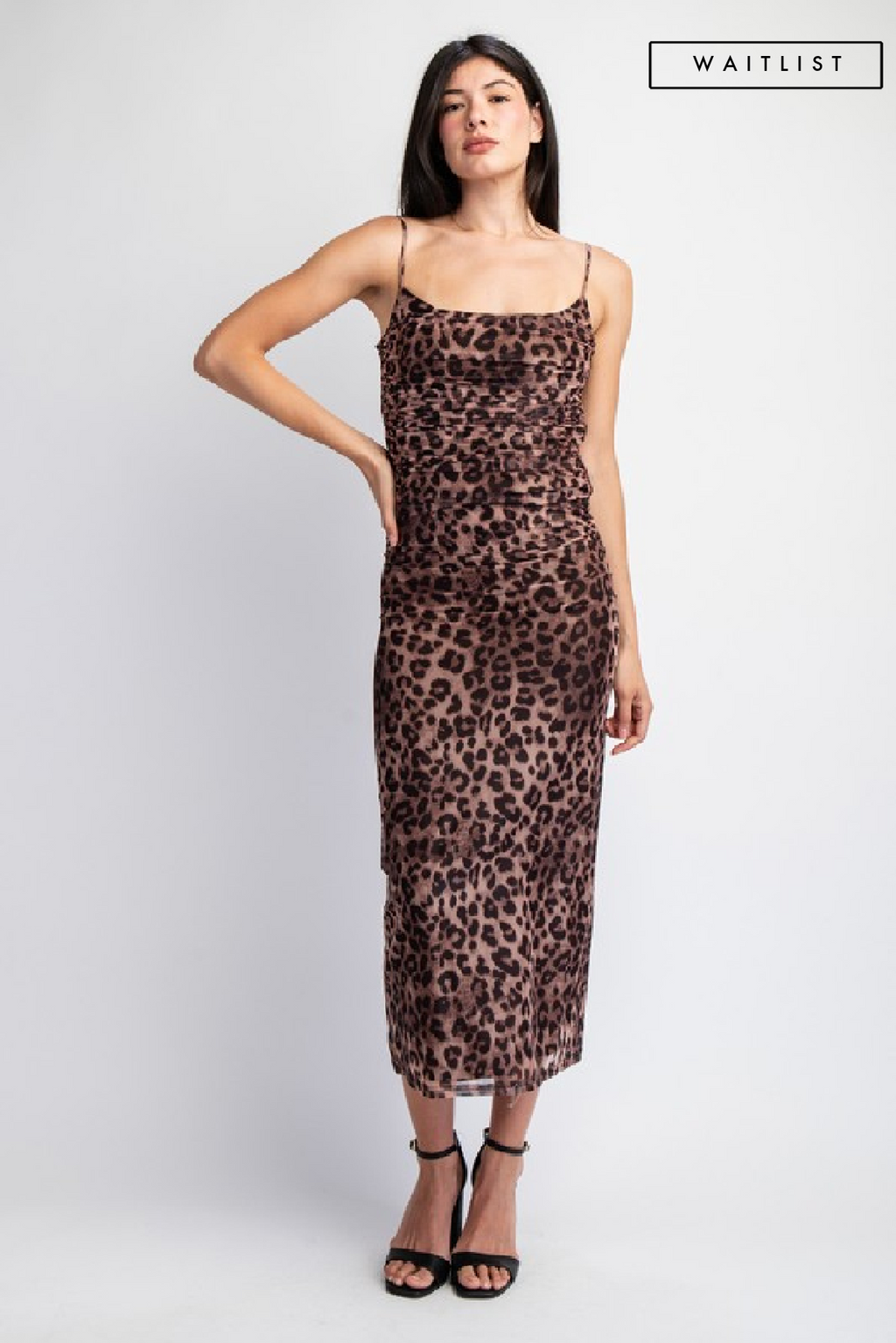 Sleeveless Mesh Leopard Print Midi Dress Brown