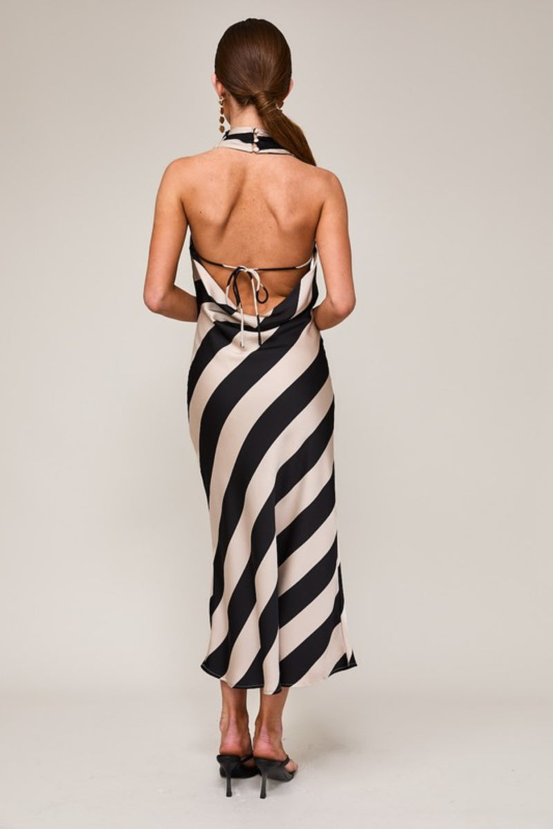 Mckayla Halter Cowl Neck Stripe Print Midi Dress Black