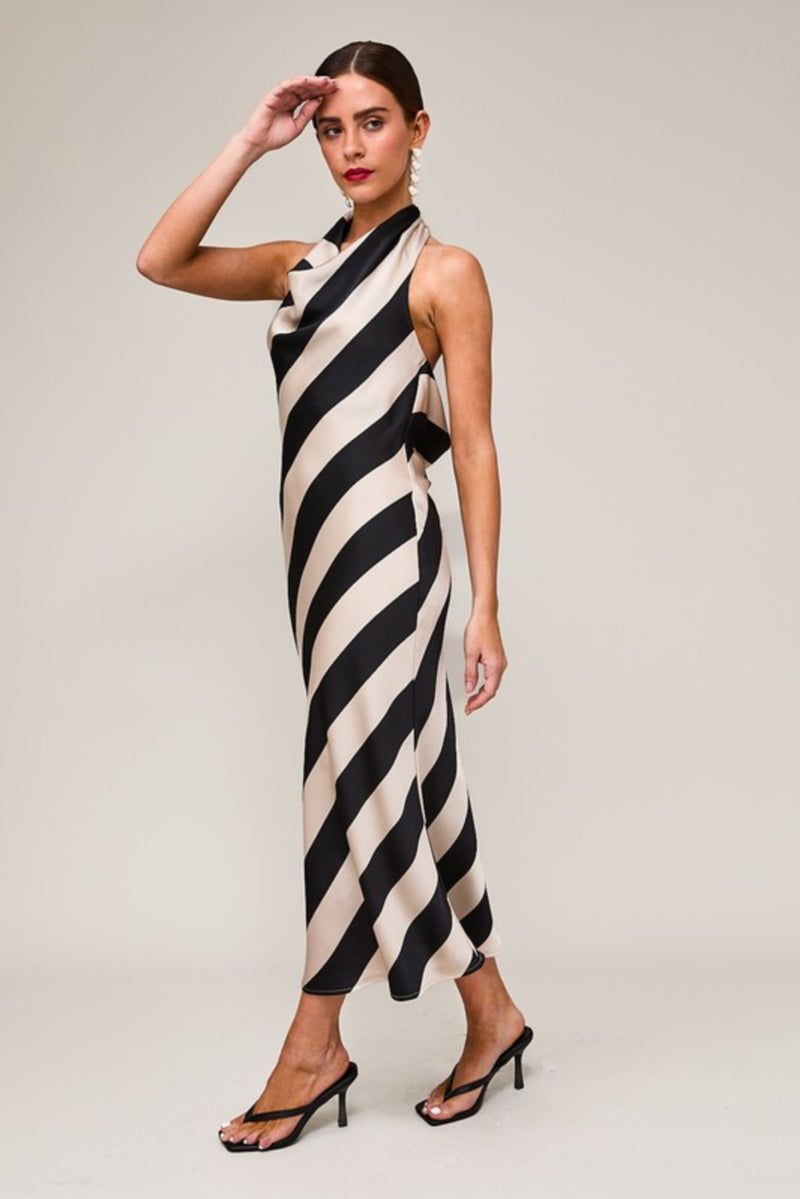 Mckayla Halter Cowl Neck Stripe Print Midi Dress Black