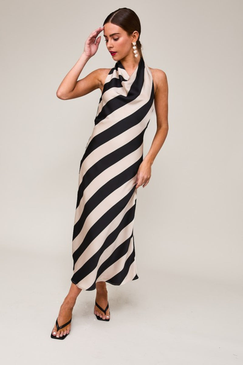 Mckayla Halter Cowl Neck Stripe Print Midi Dress Black