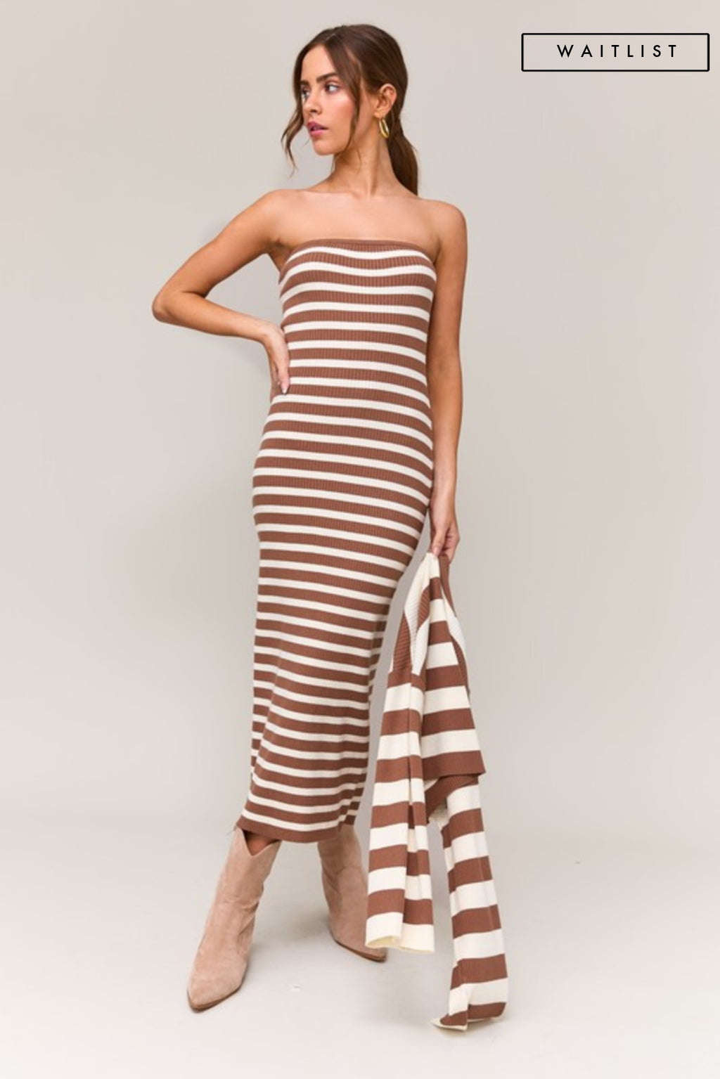  Sleeveless Stripe Print Knit Midi Dress Taupe