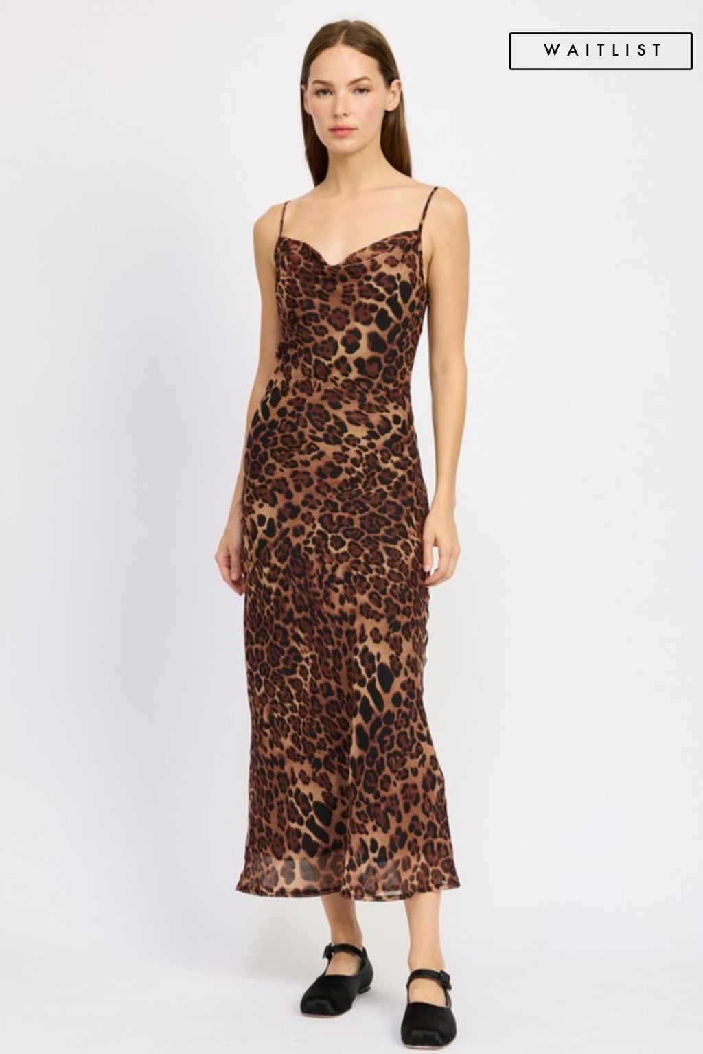 Sleeveless Cowl Neck Leopard Print Midi Dress Brown