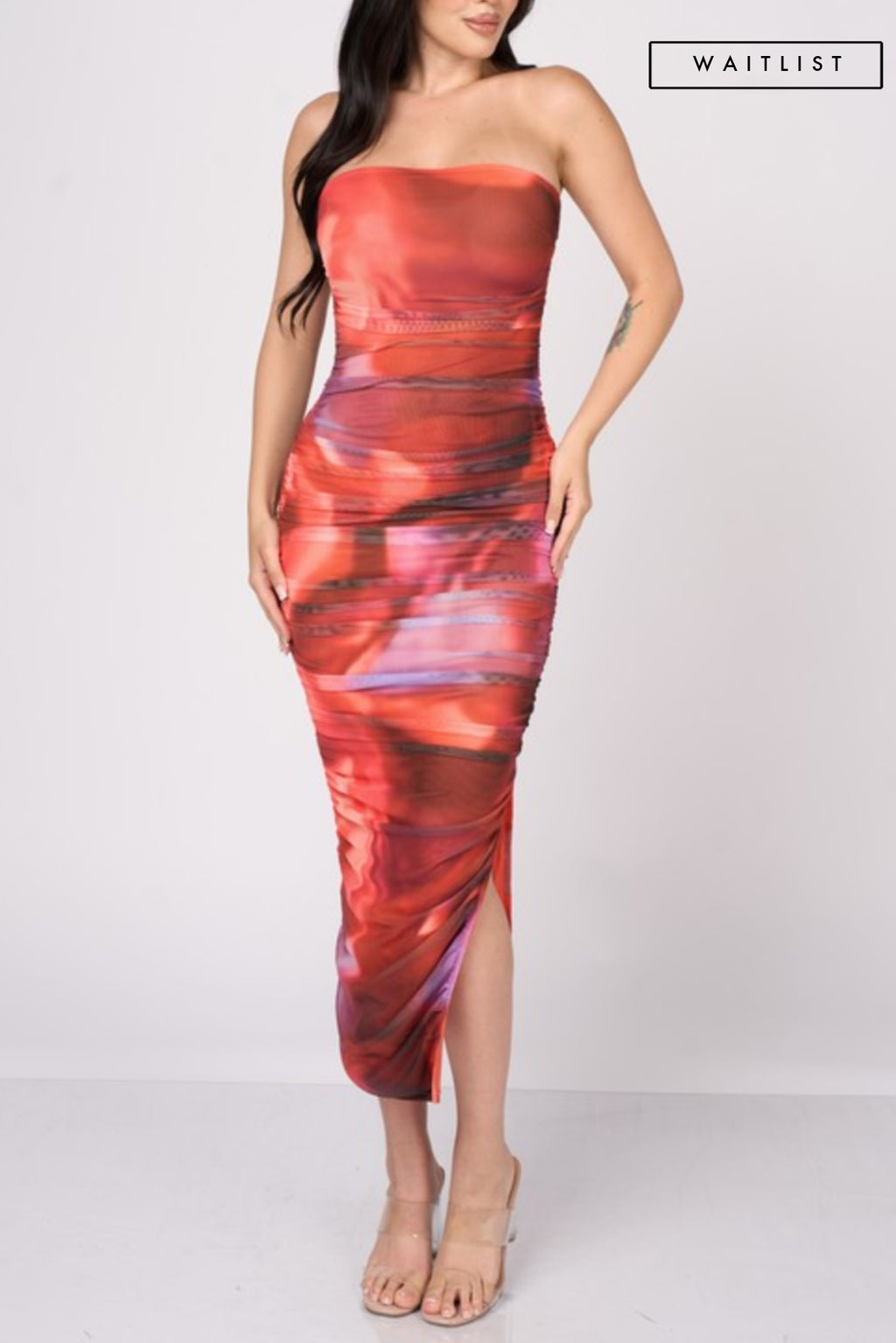 Sleeveless Abstract Print Mesh Midi Dress Red
