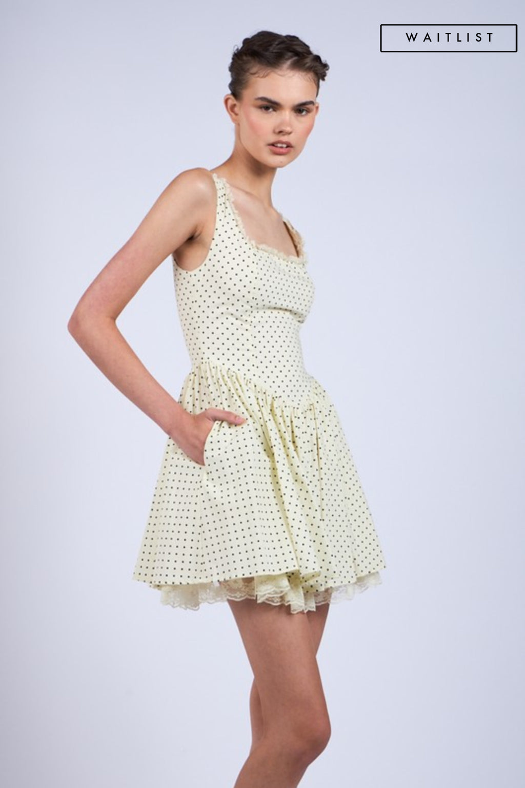 Sleeveless Polka Dot Lace Trim Mini Dress Cream