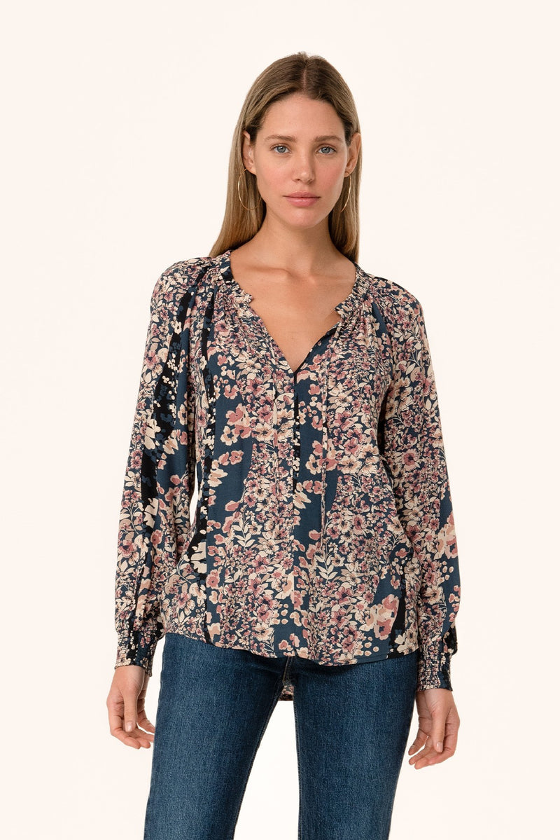  Long Sleeve Button Down Floral Print Top Navy