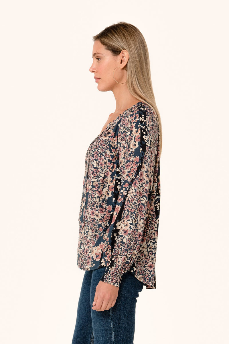  Long Sleeve Button Down Floral Print Top Navy