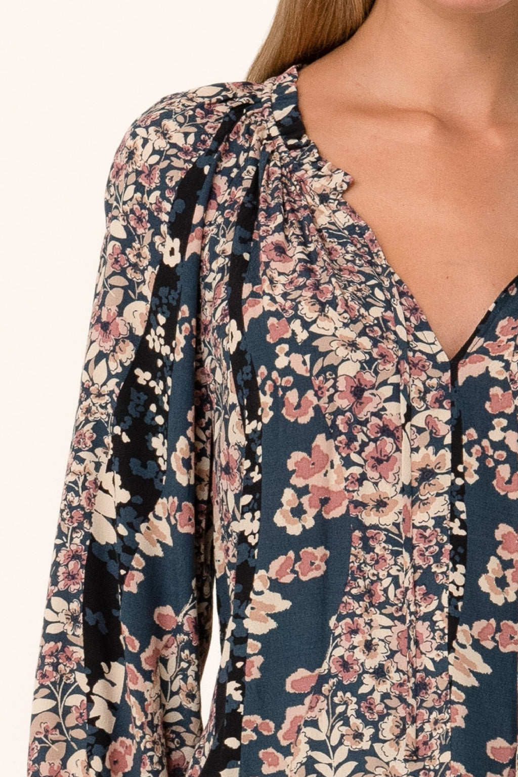  Long Sleeve Button Down Floral Print Top Navy