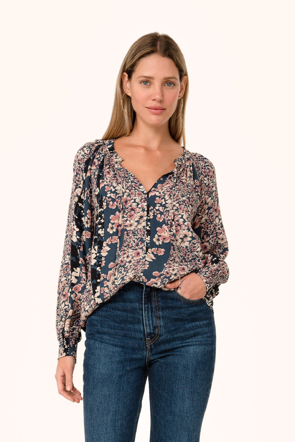  Long Sleeve Button Down Floral Print Top Navy