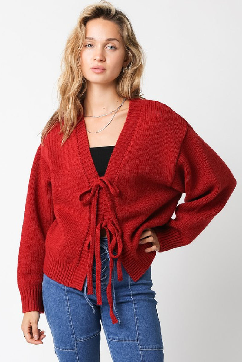 Long Sleeve Front Tie Cardigan Sweater Red