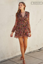 Long Sleeve Floral Print Wrap Mini Dress Rose