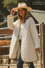 Long Sleeve Floral Print Quilted Long Jacket Ivory