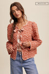  Long Sleeve Bow Tie Floral Print Quilted Jacket Rust