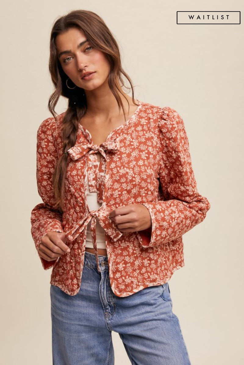  Long Sleeve Bow Tie Floral Print Quilted Jacket Rust